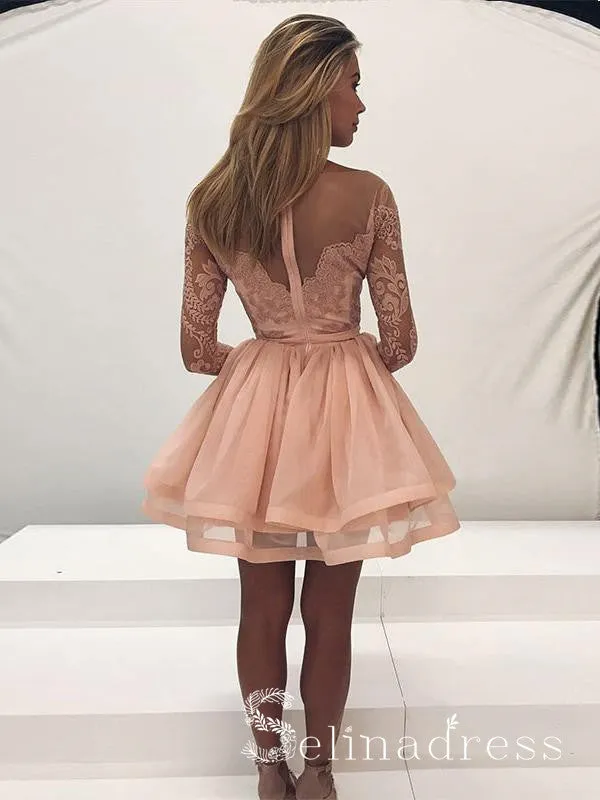 A-line Scoop Prom Dress With Sleeve Lace Beautiful Homecoming Dresses HML015