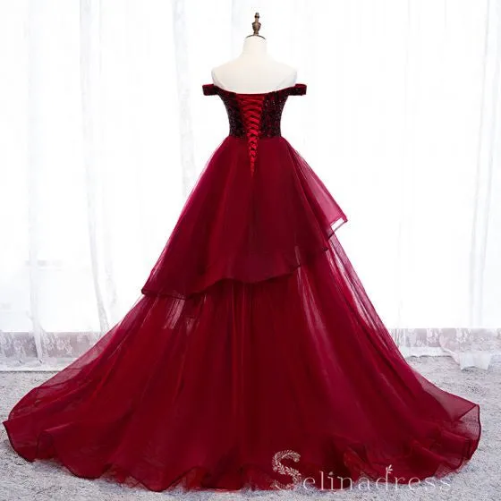 Beautiful Off-The-Shoulder Burgundy Evening Dresses Princess Beading Crystal Formal Dresses #SED206