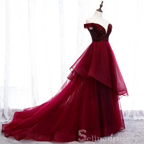 Beautiful Off-The-Shoulder Burgundy Evening Dresses Princess Beading Crystal Formal Dresses #SED206