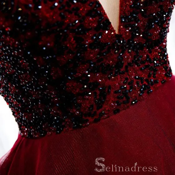 Beautiful Off-The-Shoulder Burgundy Evening Dresses Princess Beading Crystal Formal Dresses #SED206