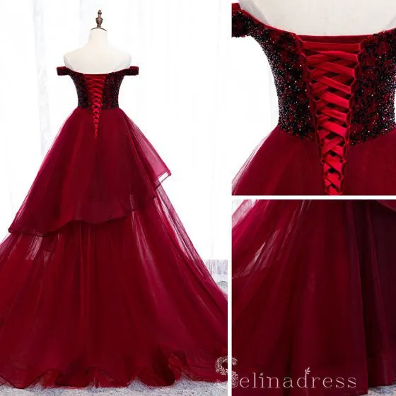 Beautiful Off-The-Shoulder Burgundy Evening Dresses Princess Beading Crystal Formal Dresses #SED206