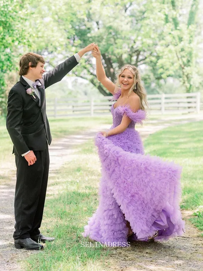 Chic A-line Off-the-shoulder Lilac Long Prom Dresses Ruffles Beaded Long Evening Dress Formal Dresses TKL037