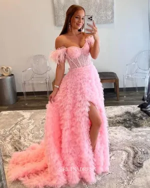 Chic A-line Off-the-shoulder Lilac Long Prom Dresses Ruffles Beaded Long Evening Dress Formal Dresses TKL037