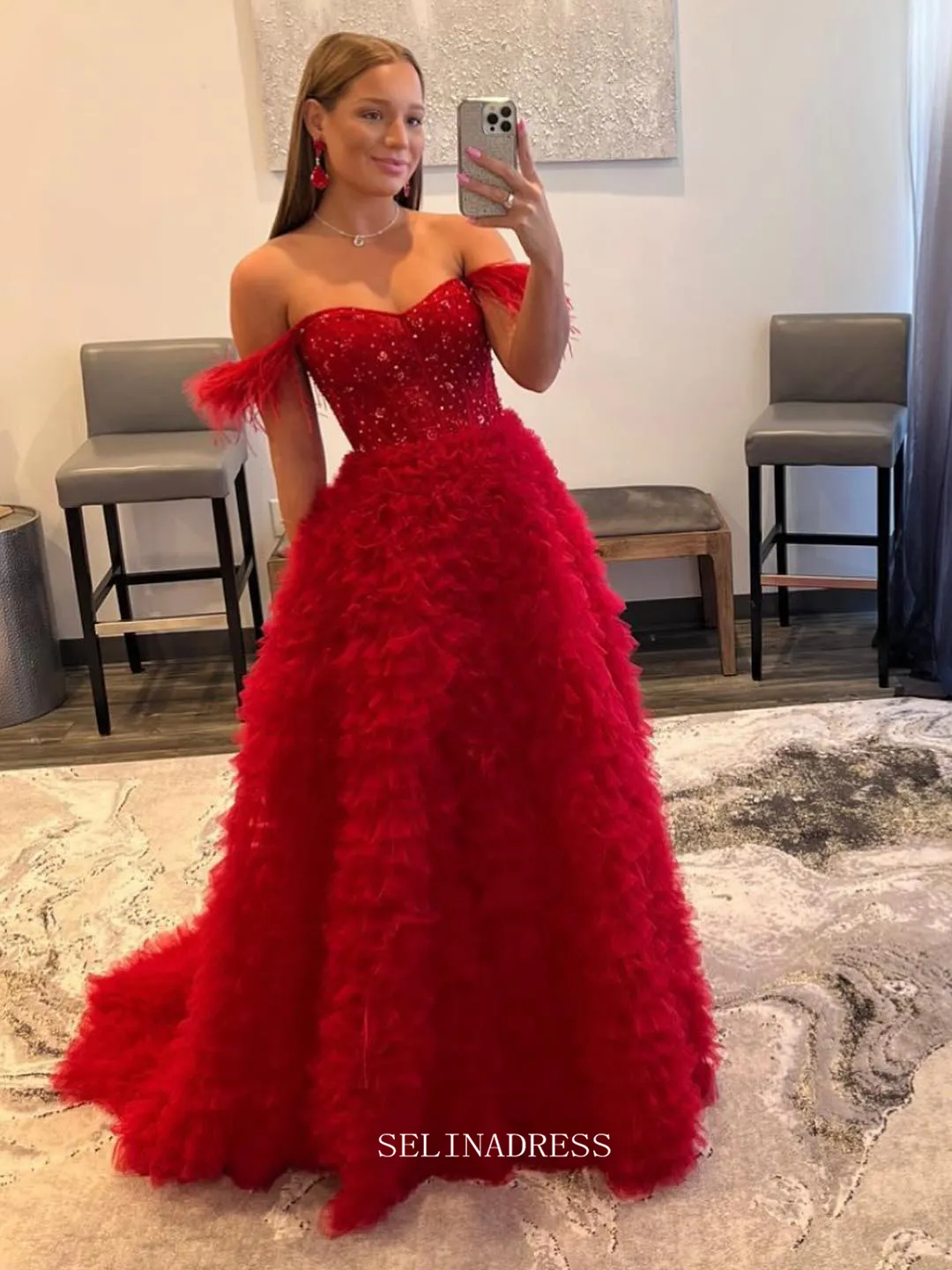 Chic A-line Off-the-shoulder Lilac Long Prom Dresses Ruffles Beaded Long Evening Dress Formal Dresses TKL037