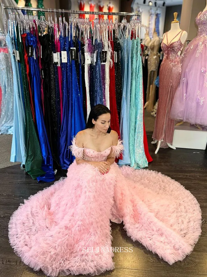 Chic A-line Off-the-shoulder Lilac Long Prom Dresses Ruffles Beaded Long Evening Dress Formal Dresses TKL037