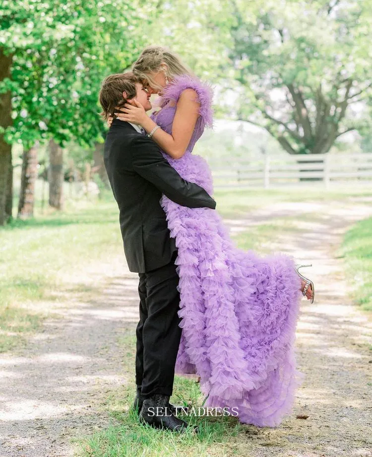 Chic A-line Off-the-shoulder Lilac Long Prom Dresses Ruffles Beaded Long Evening Dress Formal Dresses TKL037
