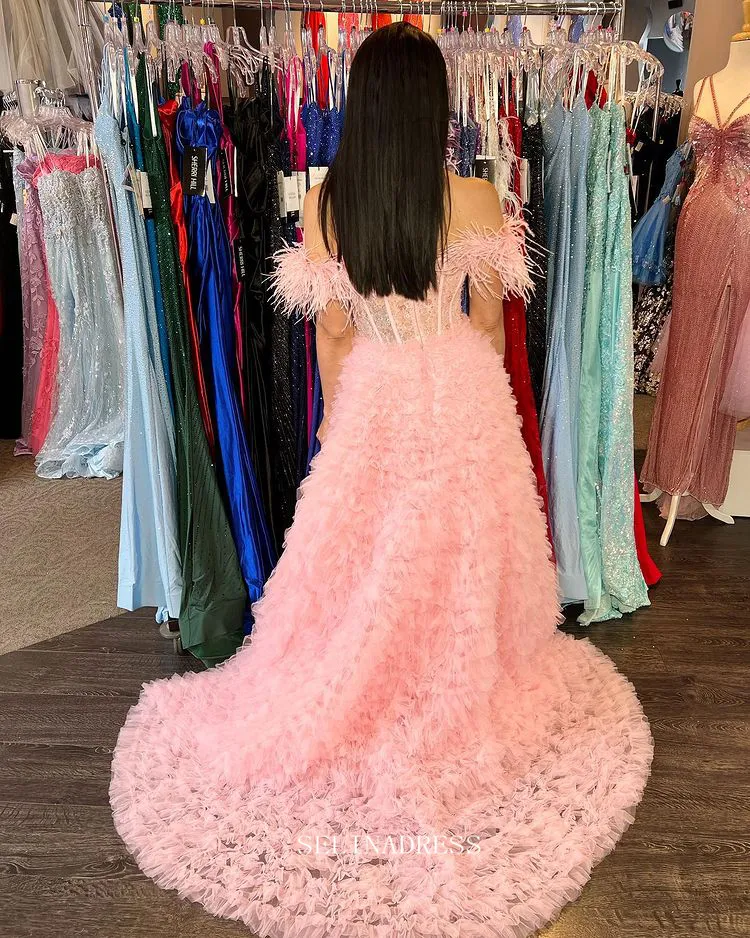 Chic A-line Off-the-shoulder Lilac Long Prom Dresses Ruffles Beaded Long Evening Dress Formal Dresses TKL037