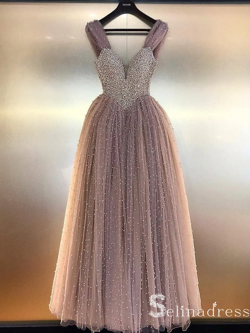 Dusty Pink Sparkly Long Prom Dresses Beaded Tulle Princess Formal Gowns Evening Dress SED020