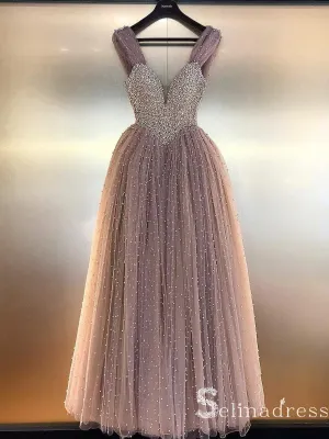 Dusty Pink Sparkly Long Prom Dresses Beaded Tulle Princess Formal Gowns Evening Dress SED020