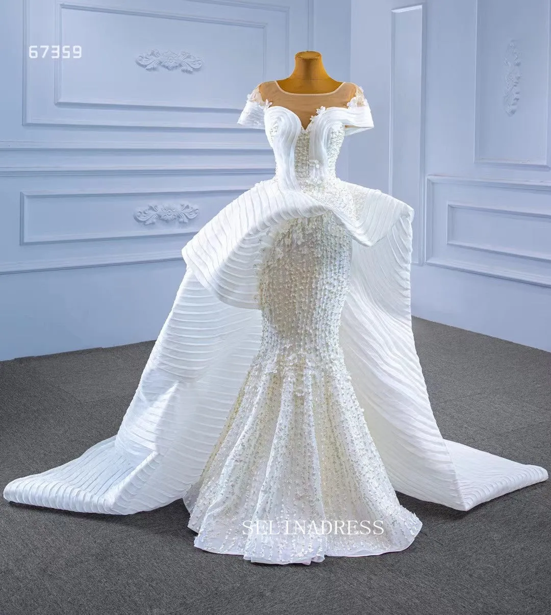 Luxury Mermaid Square Ruffles White Wedding Dress Bridal Gowns 67359