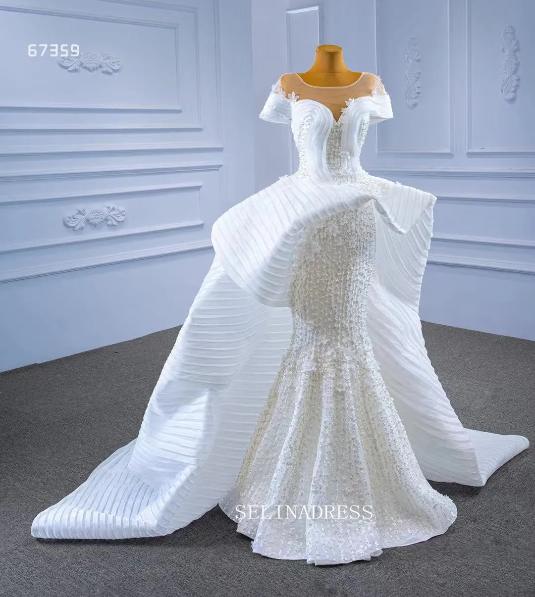 Luxury Mermaid Square Ruffles White Wedding Dress Bridal Gowns 67359