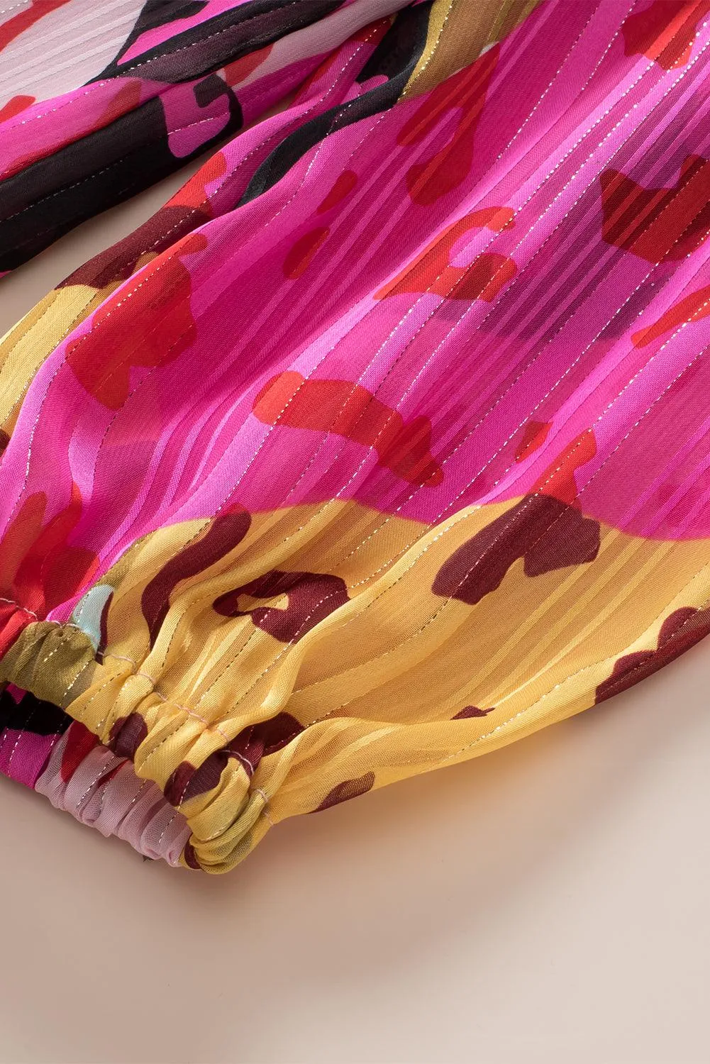 Rose Leopard Patchwork Printed Pleated Pink Blouse