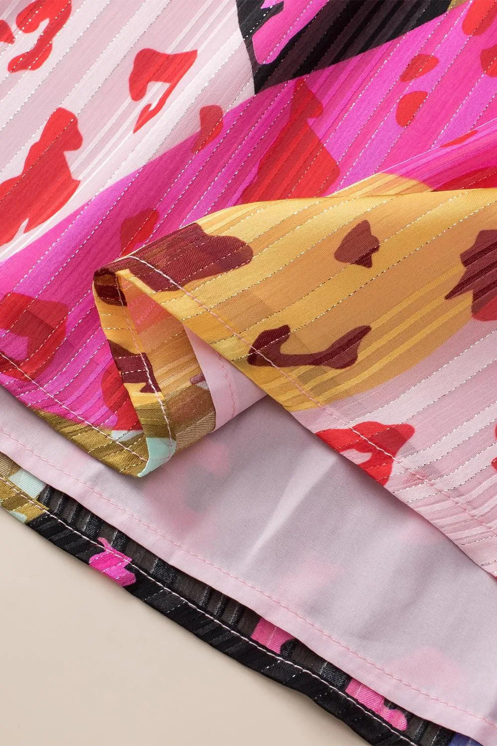 Rose Leopard Patchwork Printed Pleated Pink Blouse