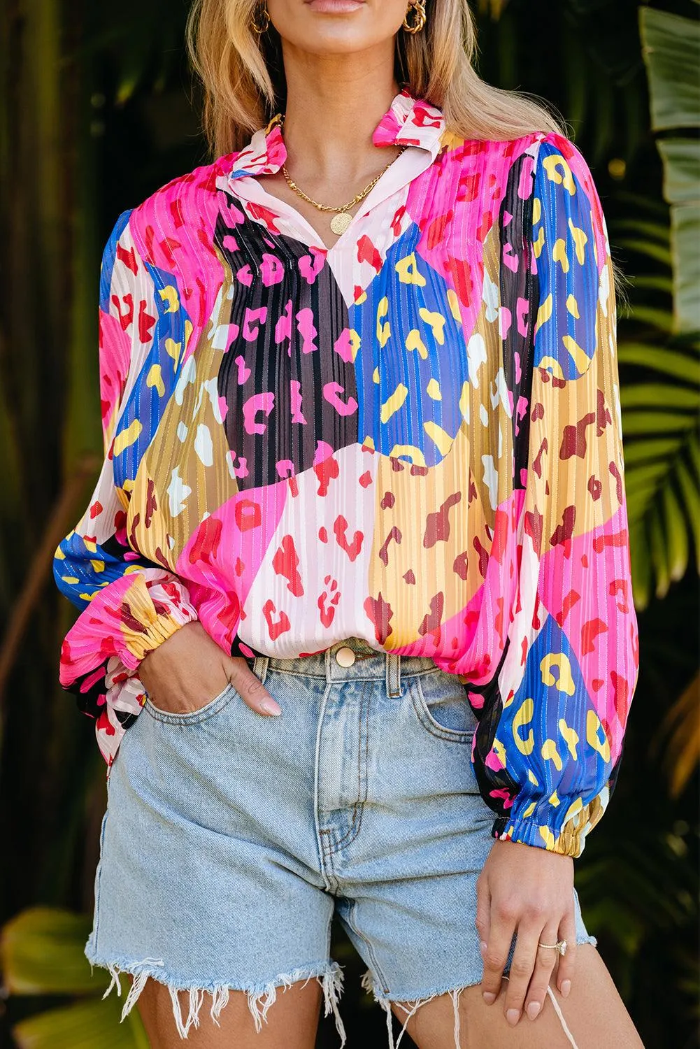 Rose Leopard Patchwork Printed Pleated Pink Blouse
