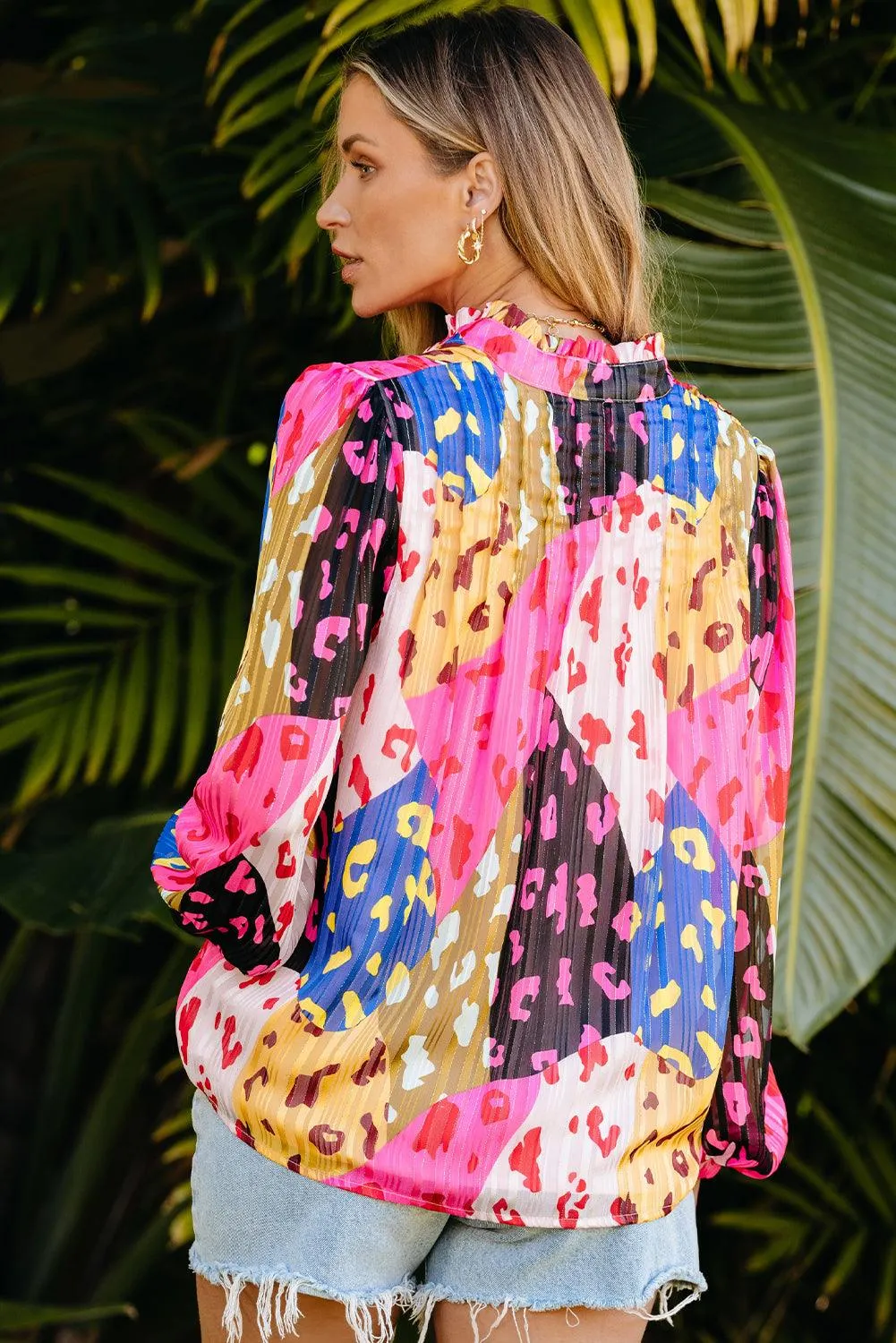 Rose Leopard Patchwork Printed Pleated Pink Blouse